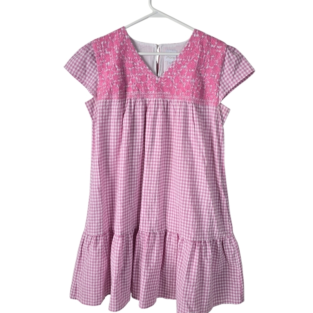 J. Marie Angelina Pink Embroidered Gingham Cotton Tiered Dress Size M Pockets
